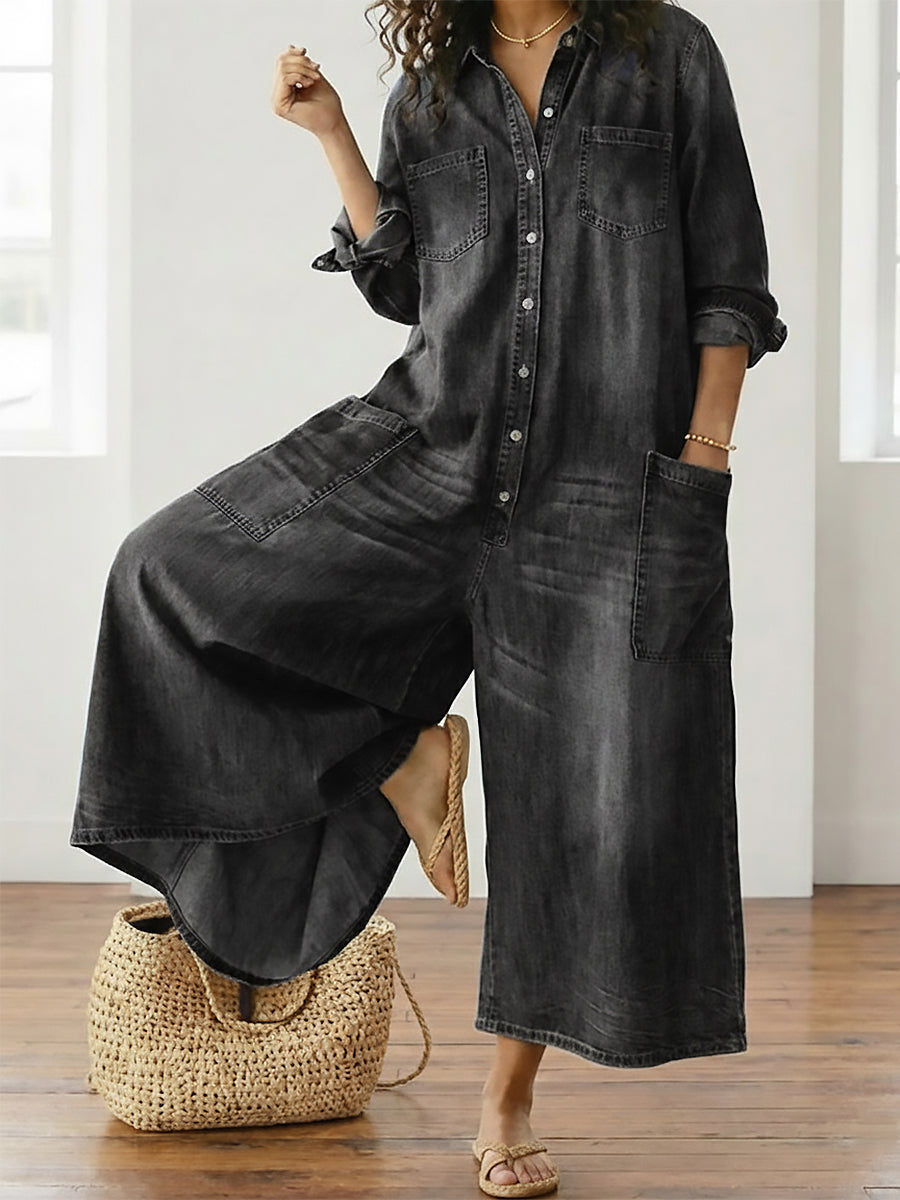 Diana | Vintage Washed Soft Cotton Feel Denim Jumpsuit with Button Closure