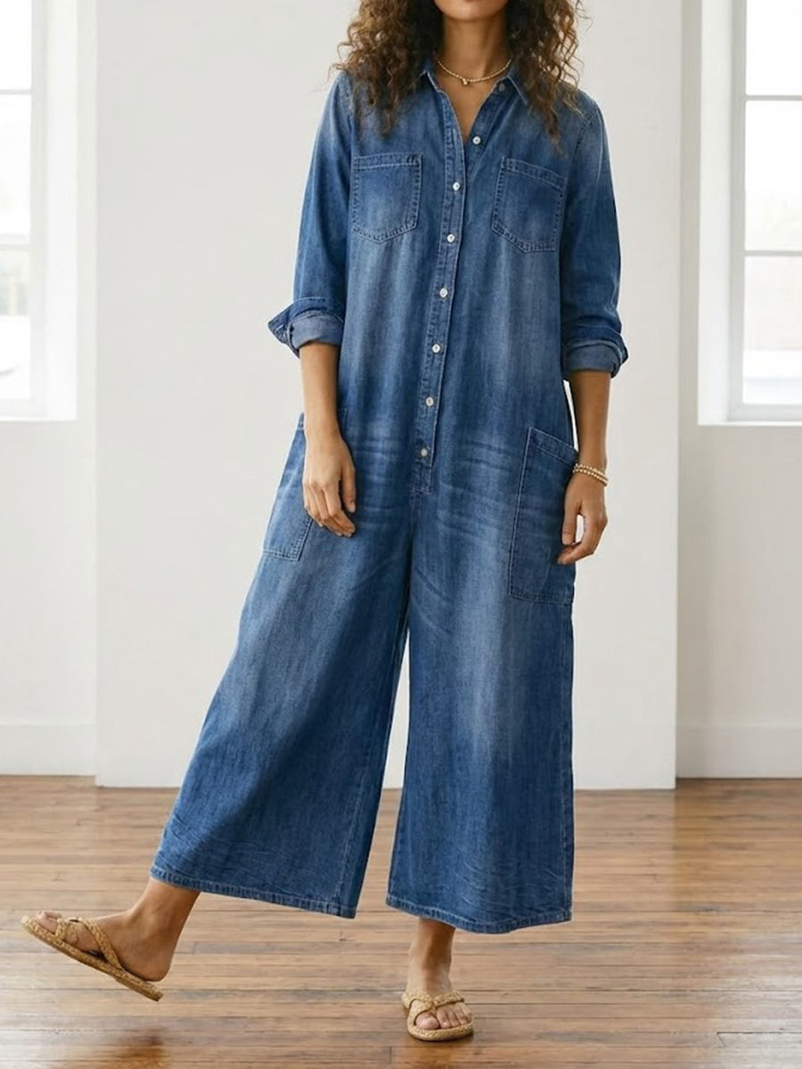 Diana | Vintage Washed Soft Cotton Feel Denim Jumpsuit with Button Closure