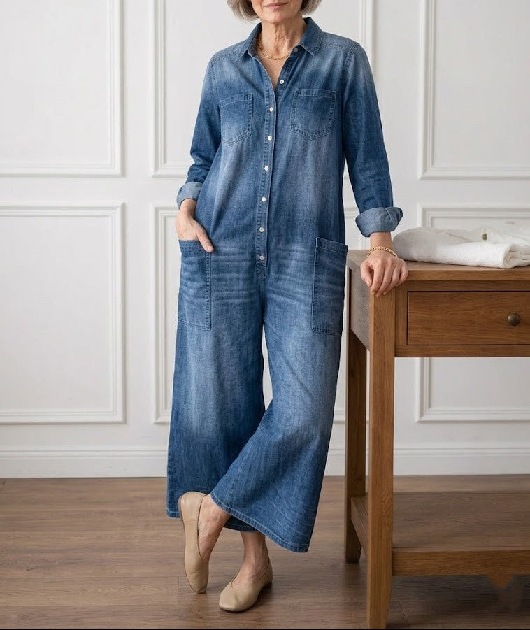 Diana | Vintage Washed Soft Cotton Feel Denim Jumpsuit with Button Closure